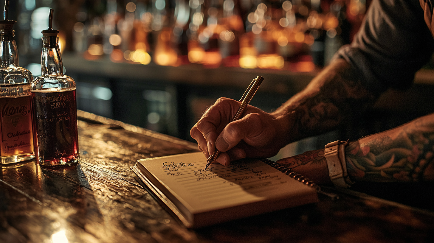 Bartender writing inventory counts in a notebook at the bar using free inventory system