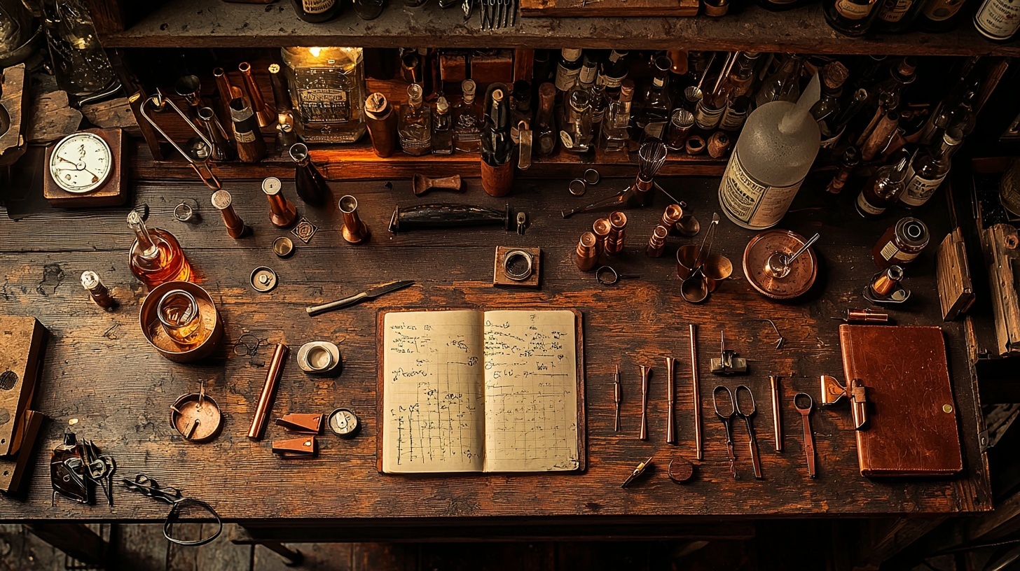 Craftsman workbench with bar tools, jiggers, and vintage measuring instruments for the free bar inventory system
